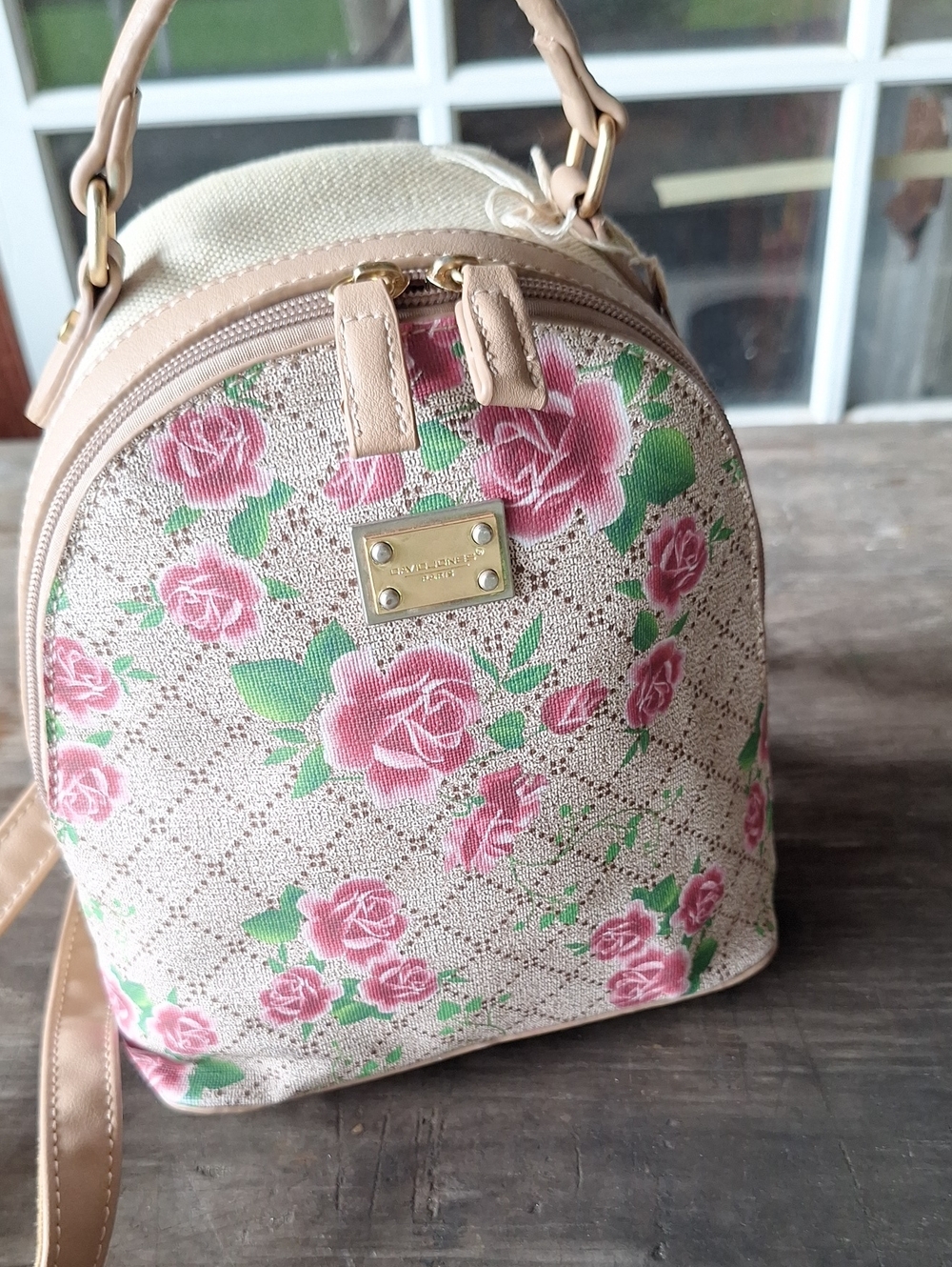 David Jones Paris Floral Pink Mini Backpack Purse - Beige with Pink Roses